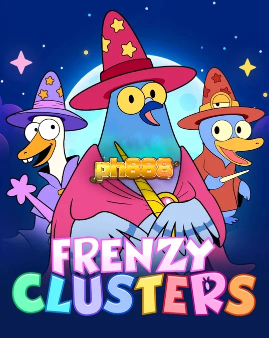 Isang makulay na grid slot na Frenzy Clusters na may mga fantasy characters at mahiwagang simbolo.